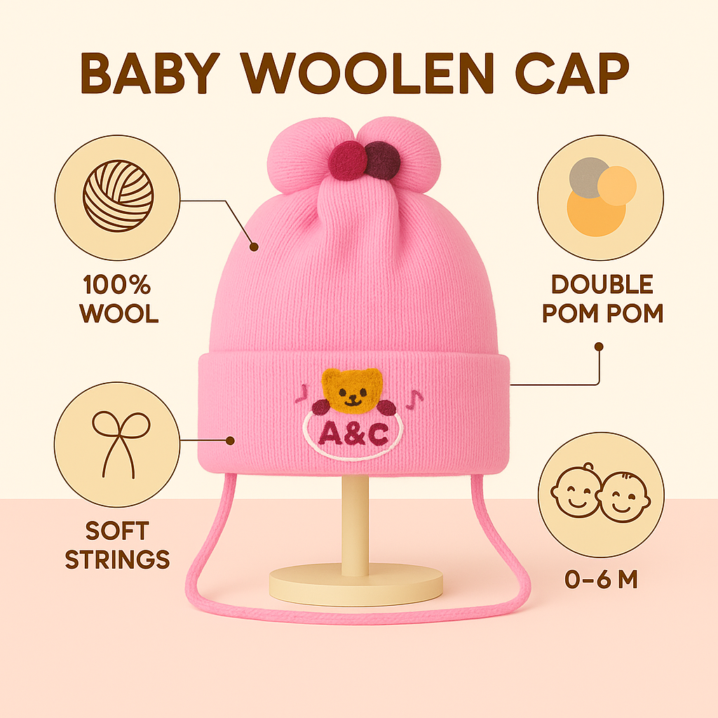 Cute Baby Woolen Winter Cap | Ultra-Soft, Warm & Stretchable Hat with Ear Protection | Newborn to 12 Months | Nanhaa Wear - Image 4